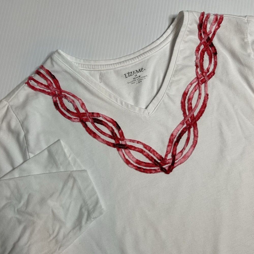 Liz And Me By Catherines 1X White V-Neck 3/4 Sleeve With Pink‎ Detail Shirt